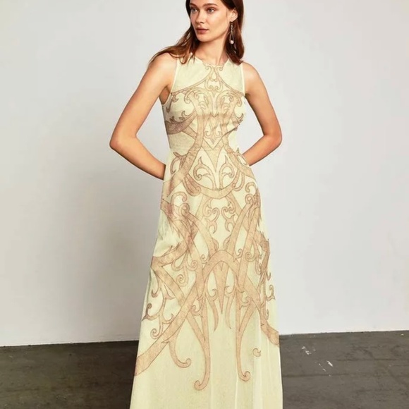 BCBGMAXAZRIA Acotas Lace-Appliqué Gown Dress Champagne Color Size 10 $498 - Picture 3 of 7